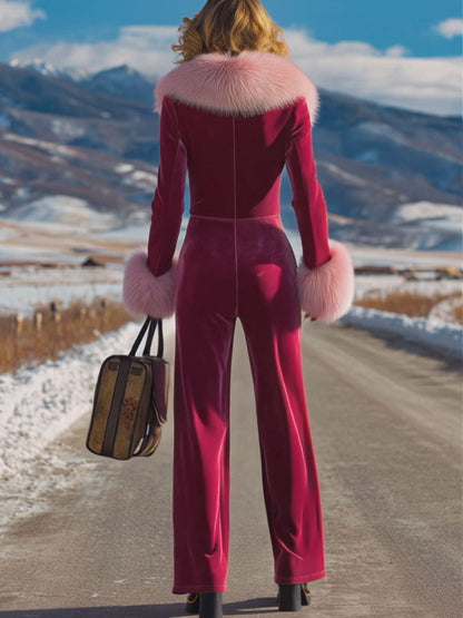 Chic Pink Velvet Jumpsuit with Long Sleeves, Flared Legs, and Trendy Retro Faux Fur Collar