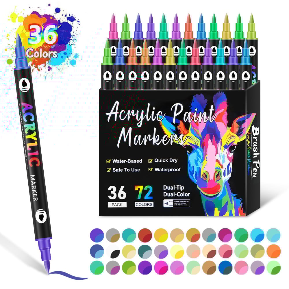 36 Double-Sided Acrylic Markers – 72 Vivid Colors, Non-Staining