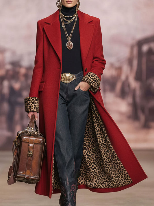 Leopard Print Wool Coat with Lapels - Single-Breasted Design