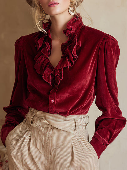 Chic Vintage Red Ruffled Collar Shirt