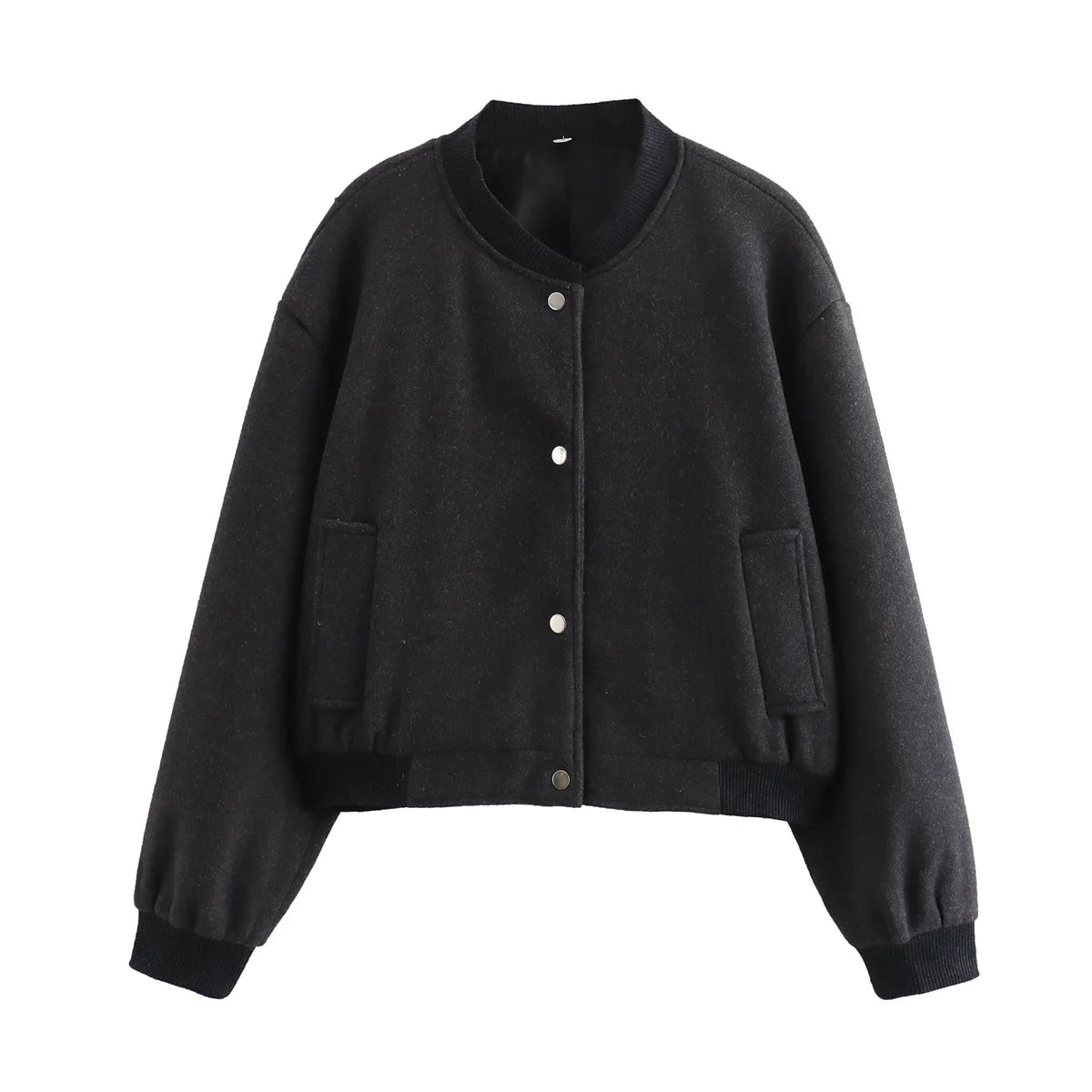 Chic Women's Wool Blend Bomber Jacket with Button Closure and Ribbed Cuffs