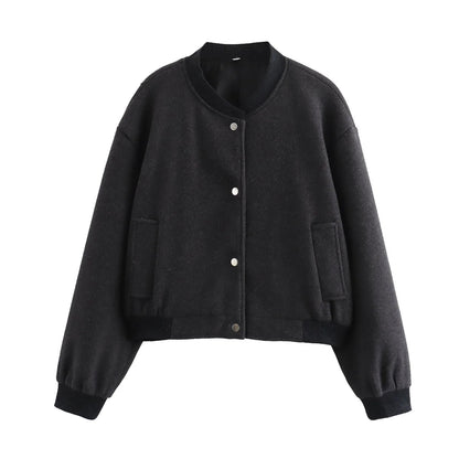 Chic Women's Wool Blend Bomber Jacket with Button Closure and Ribbed Cuffs
