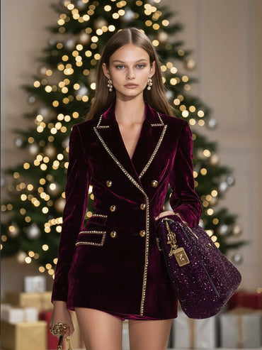 24-Hour Dispatch: Burgundy Velvet Casual Vintage Mini Dress with Gold Accents and Double Closure