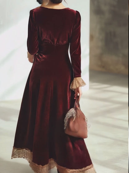 Ankola Velvet Lace Maxi Dress in Wintage Red with V-Neck and Long Sleeves