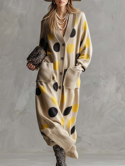 Retro V-Neck Polka Dot Dress in Yellow and Black with Beige Cardigan