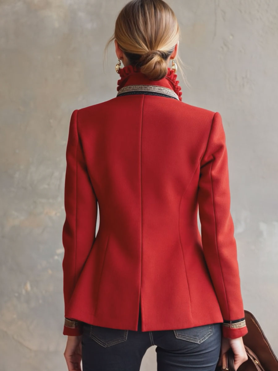 Rose-Embroidered Single-Breasted Wool Jacket with Frilled Stand-Up Collar
