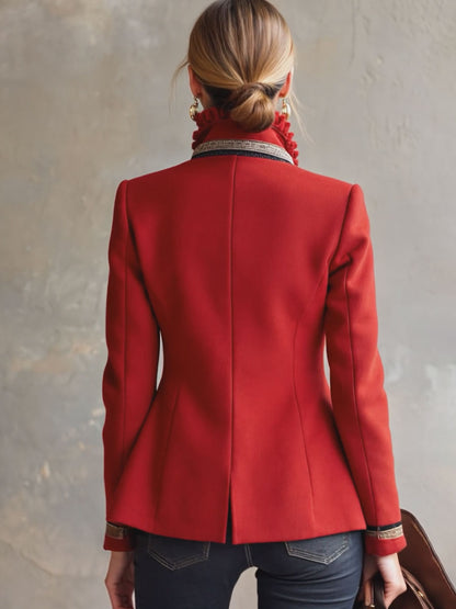 Rose-Embroidered Single-Breasted Wool Jacket with Frilled Stand-Up Collar