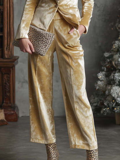 Light Gold Velvet Blazer and Trousers Set with Retro Leopard Print and Notched Lapel