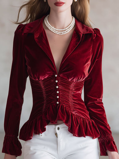 Chic Red Velvet Retro Ruffled Long Sleeve Shirt