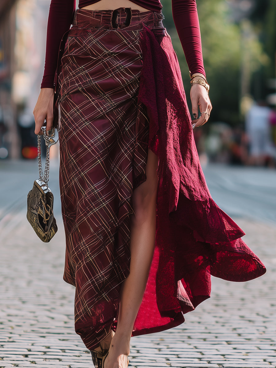 Vintage-Inspired Red Plaid Patchwork Skirt