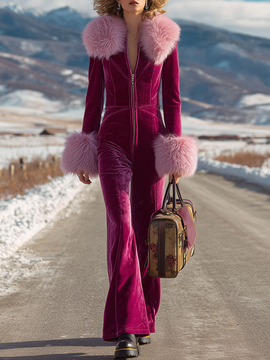 Chic Pink Velvet Jumpsuit with Long Sleeves, Flared Legs, and Trendy Retro Faux Fur Collar