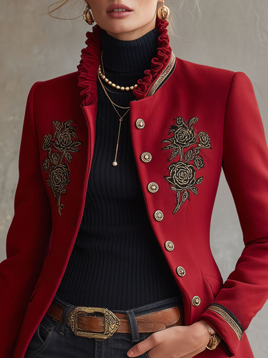 Rose-Embroidered Single-Breasted Wool Jacket with Frilled Stand-Up Collar
