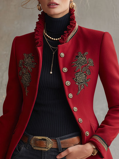 Rose-Embroidered Single-Breasted Wool Jacket with Frilled Stand-Up Collar