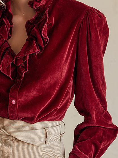 Chic Vintage Red Ruffled Collar Shirt