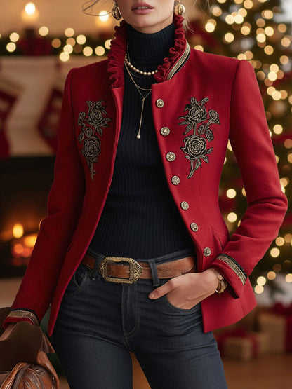 Rose-Embroidered Single-Breasted Wool Jacket with Frilled Stand-Up Collar
