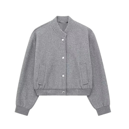 Chic Women's Wool Blend Bomber Jacket with Button Closure and Ribbed Cuffs
