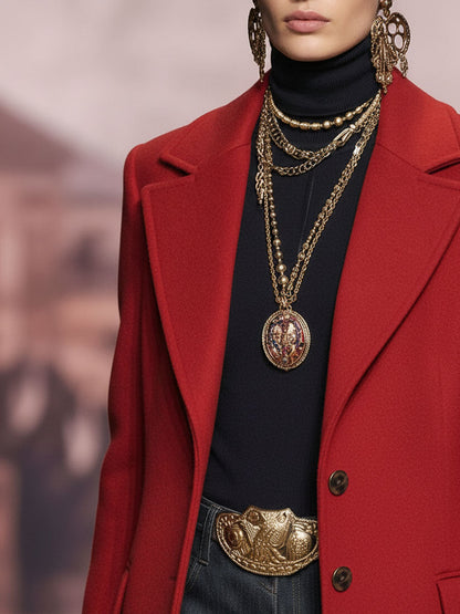 Leopard Print Wool Coat with Lapels - Single-Breasted Design