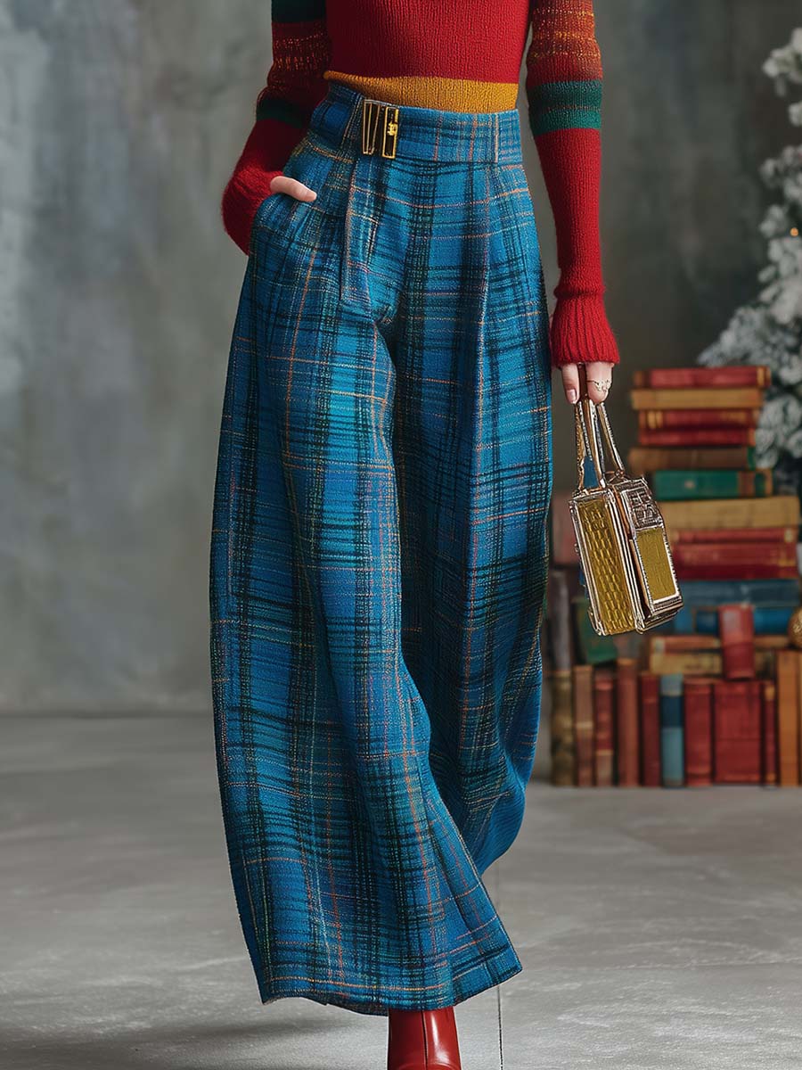 Versatile Wide-Leg Blue Check Trousers in Retro Style