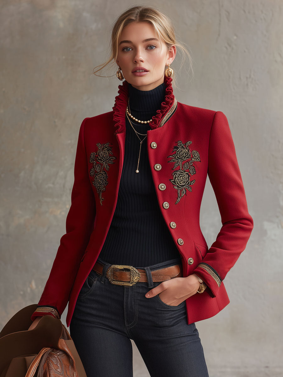 Rose-Embroidered Single-Breasted Wool Jacket with Frilled Stand-Up Collar