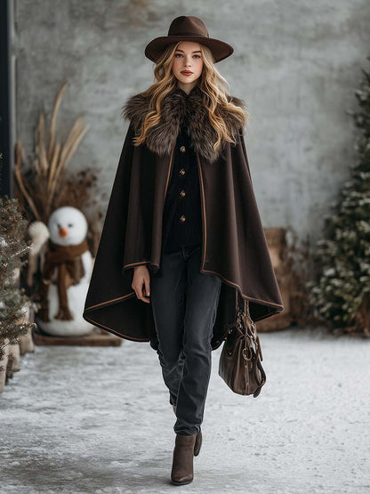 Classic Dark Brown Wool Coat with Cozy Faux Fur Collar
