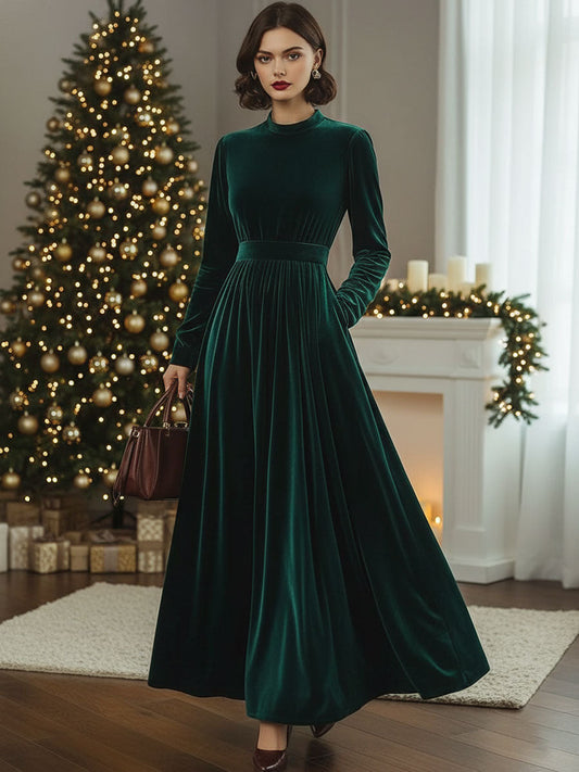 Velvet Maxi Dress with Long Sleeves, Loose Fit, Pockets, and Stand-Up Collar - Ships Within 24 Hours