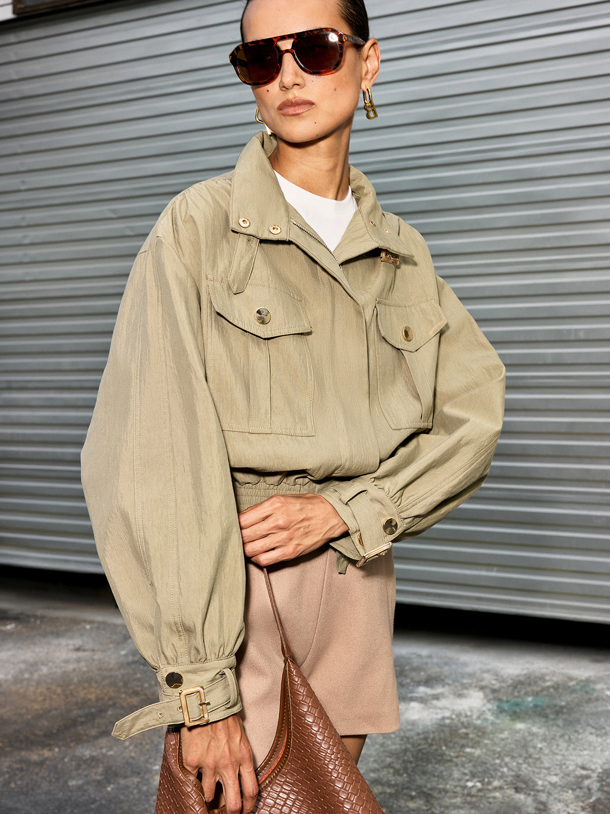 Celina | Cropped Jacket with Belted Collar in Cotton Blend