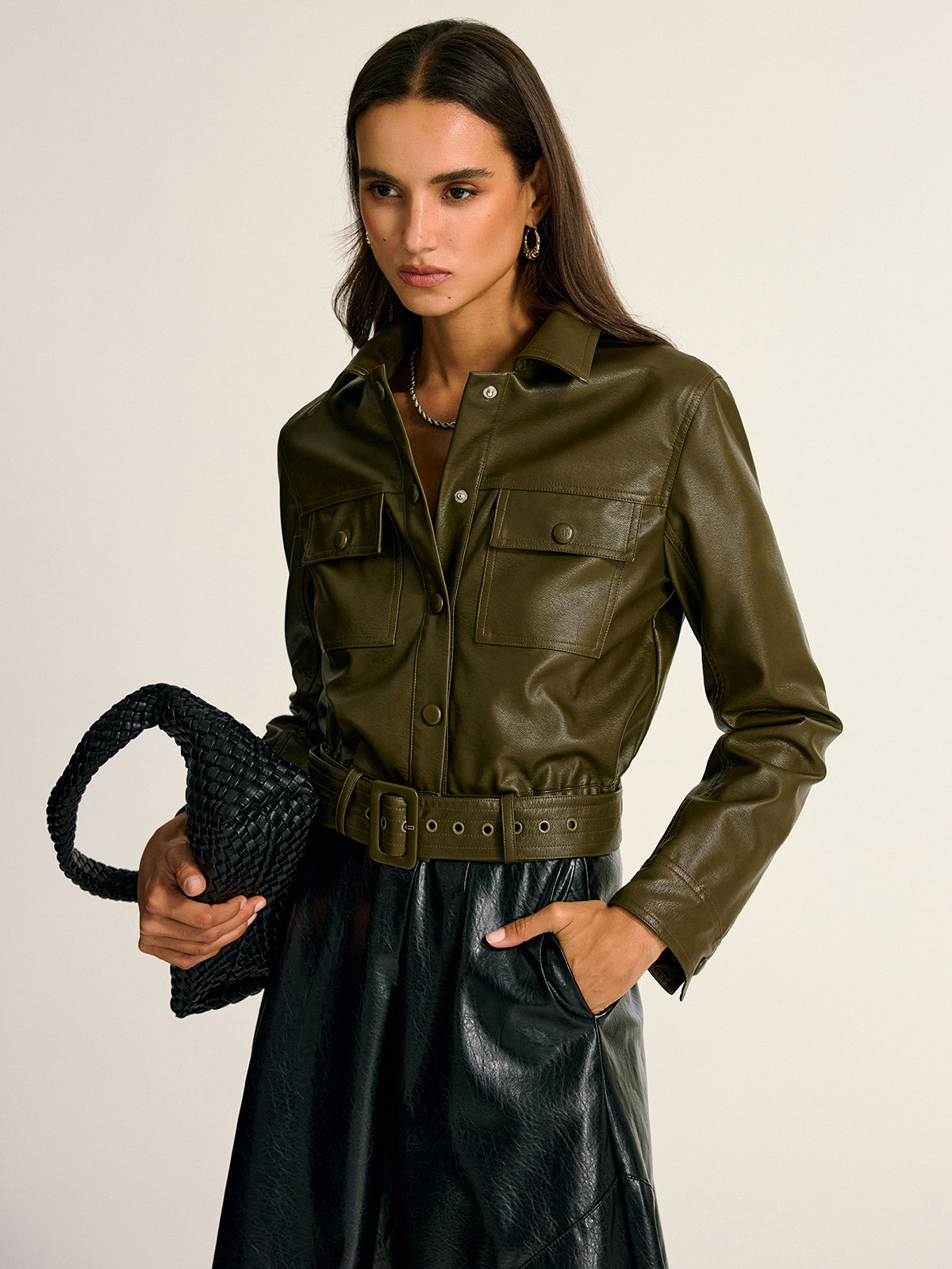 Teressa | Belted PU Leather Cargo Jacket
