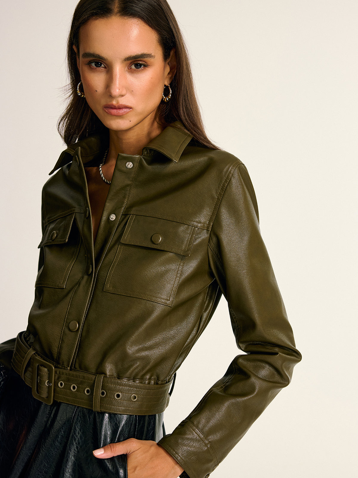 Teressa | Belted PU Leather Cargo Jacket