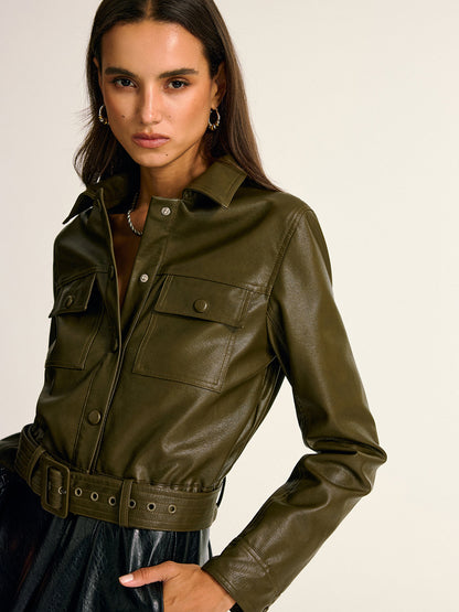 Teressa | Belted PU Leather Cargo Jacket