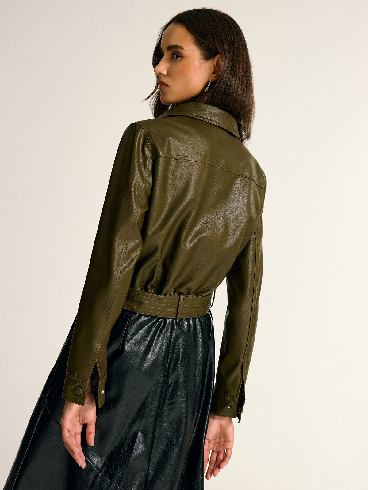 Teressa | Belted PU Leather Cargo Jacket
