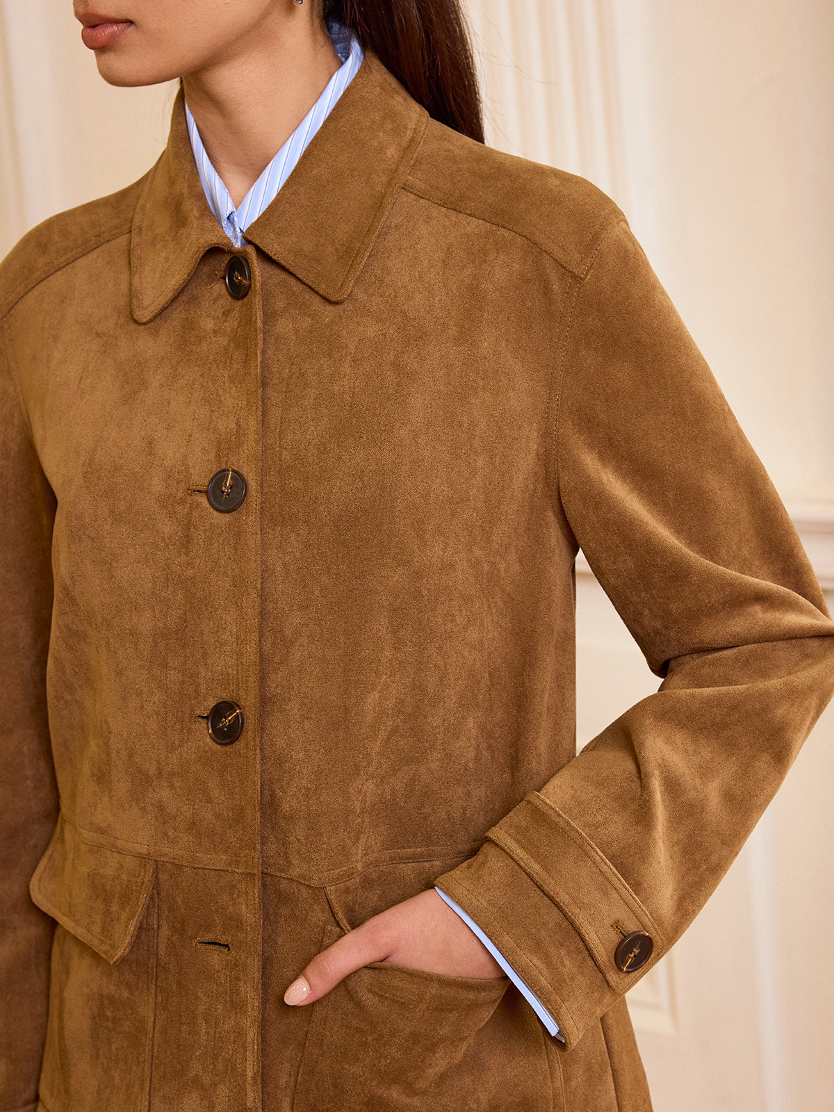 Akira | Suede Blazer with Collared Button-Front Design