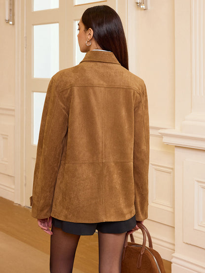 Akira | Suede Blazer with Collared Button-Front Design