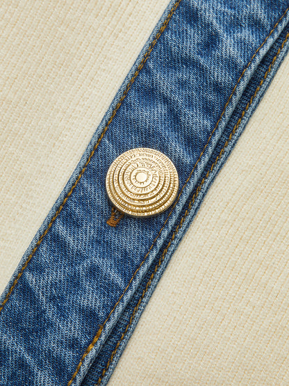 Demi | V-Neck Knit Top with Denim Collar and Metal Buttons