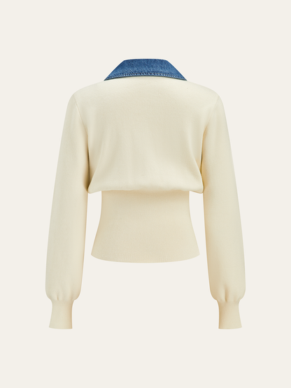 Demi | V-Neck Knit Top with Denim Collar and Metal Buttons