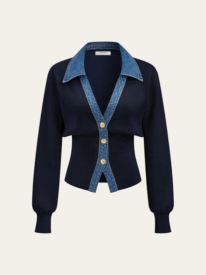 Demi | V-Neck Knit Top with Denim Collar and Metal Buttons