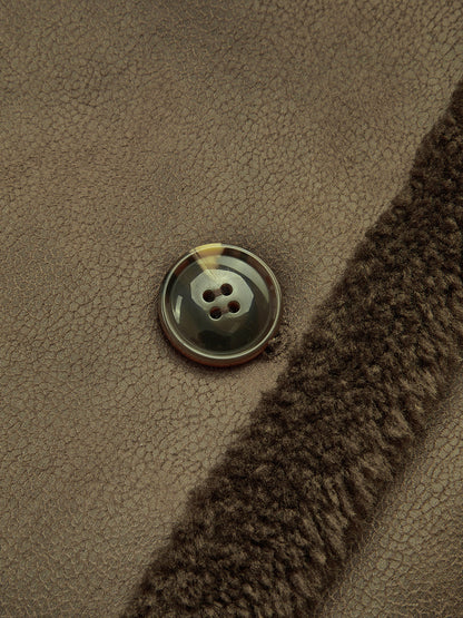 Violette | Longline Double-Breasted Fleece-Lined Faux Leather Coat