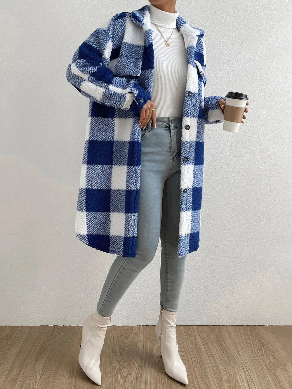 Juliette | Women's Long Plaid Teddy Fleece Winter Coat – Cozy & Stylish