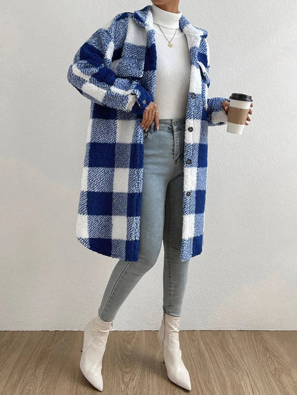 Juliette | Women's Long Plaid Teddy Fleece Winter Coat – Cozy & Stylish