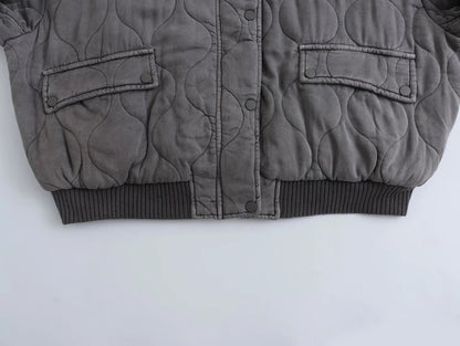 Women's Casual Quilted Bomber Jacket with Ribbed Collar