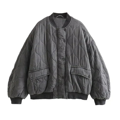 Women's Casual Quilted Bomber Jacket with Ribbed Collar