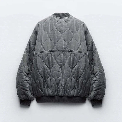 Women's Casual Quilted Bomber Jacket with Ribbed Collar