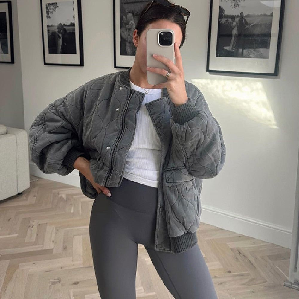 Women's Casual Quilted Bomber Jacket with Ribbed Collar