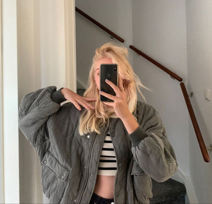 Women's Casual Quilted Bomber Jacket with Ribbed Collar