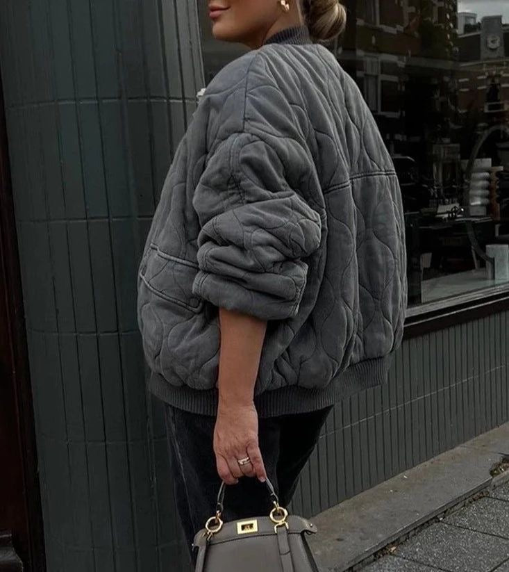 Women's Casual Quilted Bomber Jacket with Ribbed Collar