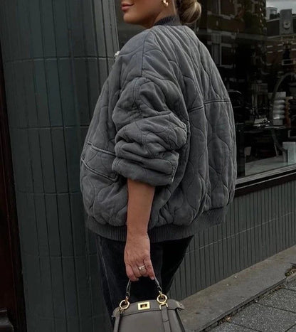 Women's Casual Quilted Bomber Jacket with Ribbed Collar