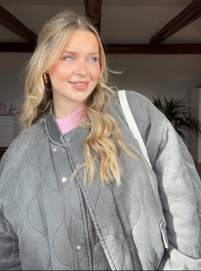 Women's Casual Quilted Bomber Jacket with Ribbed Collar