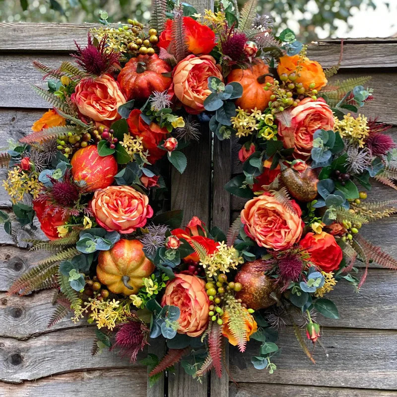 40 cm Autumn Wreath with Peony and Pumpkin – Multicoloured Rustic Artificial Decoration for Thanksgiving