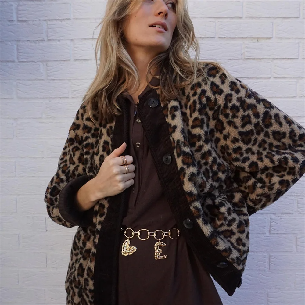 Leah | Women's O-Neck Wool Winter Jacket in Leopard Print