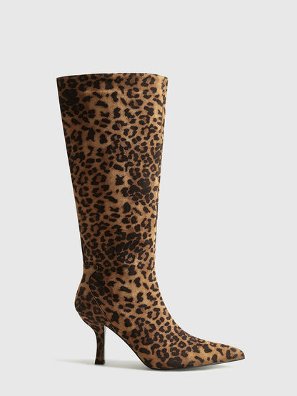 Women's Knee-High Leopard Print Boots with Pointed Toe and Mid-Heel – Chic and Comfortable