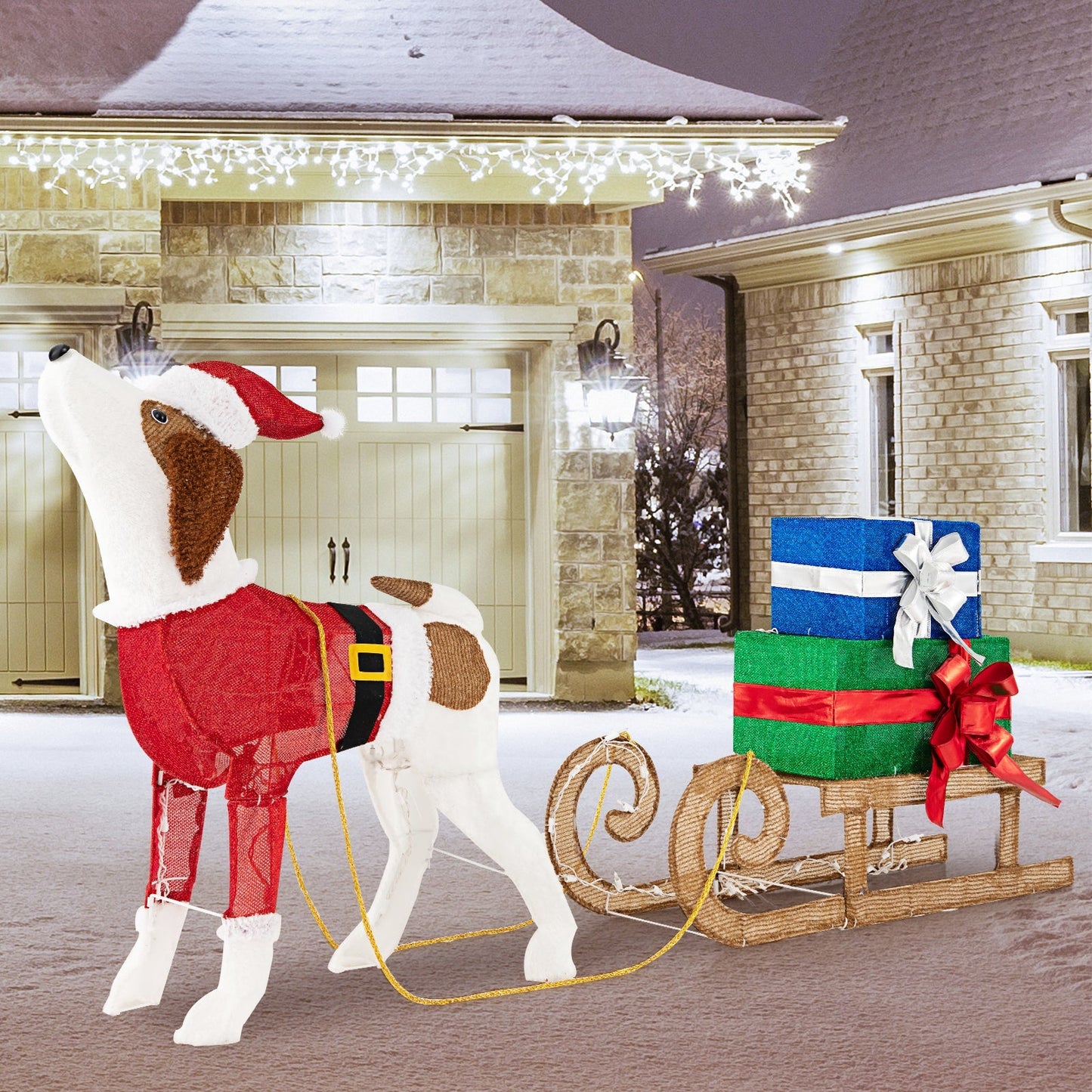 LED Christmas Sleigh with Dog, Gifts, and Festive Lights